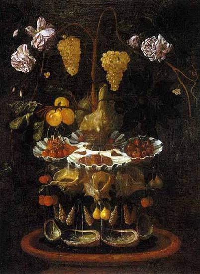 Juan de Espinosa A fountain of grape vines, roses and apples in a conch shell oil painting image
